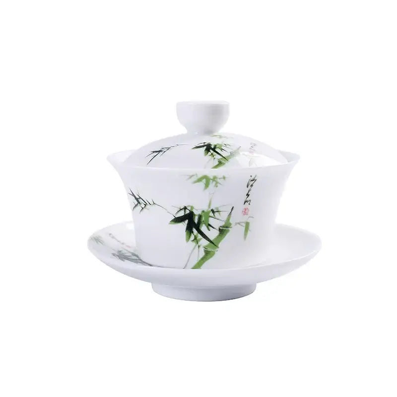 Hand painted bird and bamboo white porcelain gaiwan dining room tea set