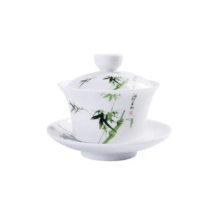 Hand painted bird and bamboo white porcelain gaiwan dining room tea set