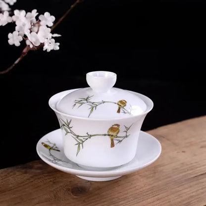 Hand painted bird and bamboo white porcelain gaiwan dining room tea set