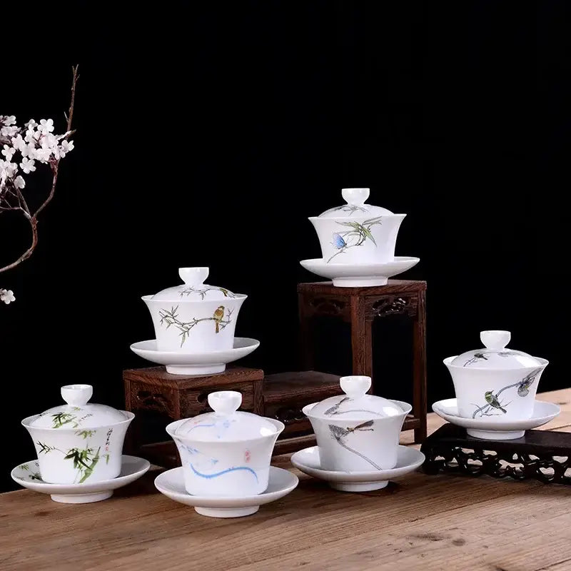 Hand painted bird and bamboo white porcelain gaiwan dining room tea set