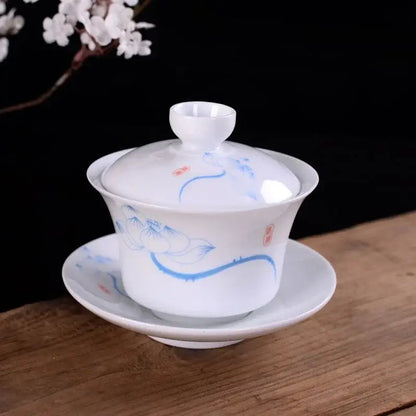 Hand painted bird and bamboo white porcelain gaiwan dining room tea set