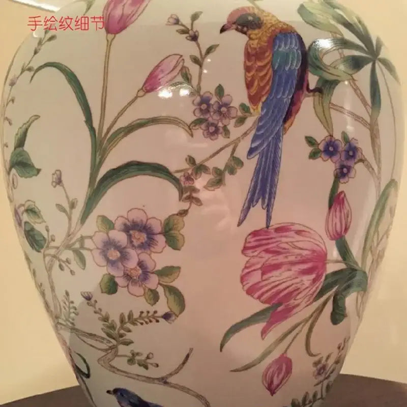 Hand-painted coral flower bird ceramic table lamp for living room