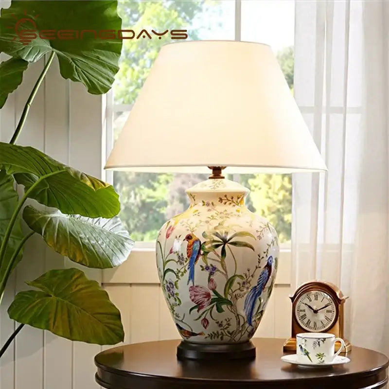 Hand-painted coral flower bird ceramic table lamp for living room