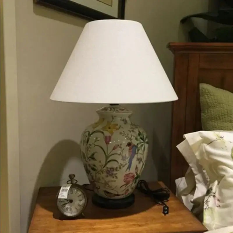 Hand-painted coral flower bird ceramic table lamp for living room