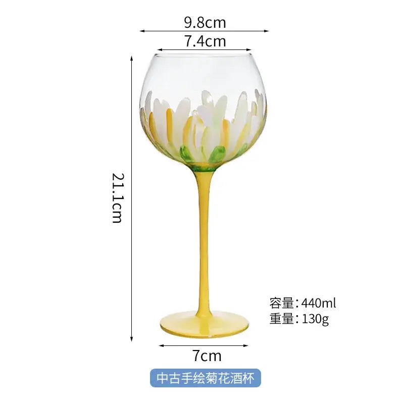 Hand painted glass goblet set pink & yellow floral dining room decor