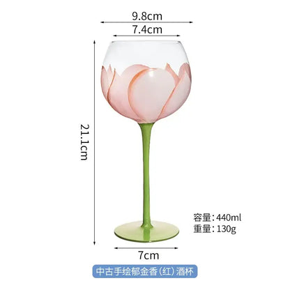 Hand painted glass goblet set pink & yellow floral dining room decor