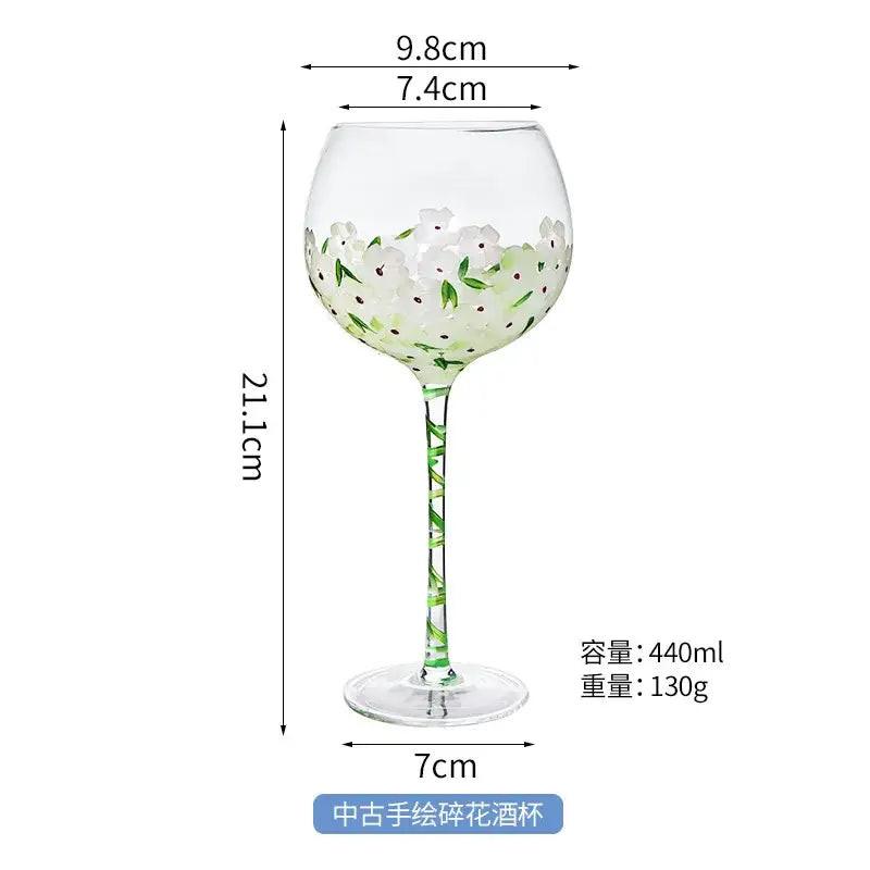 Hand painted glass goblet set pink & yellow floral dining room decor