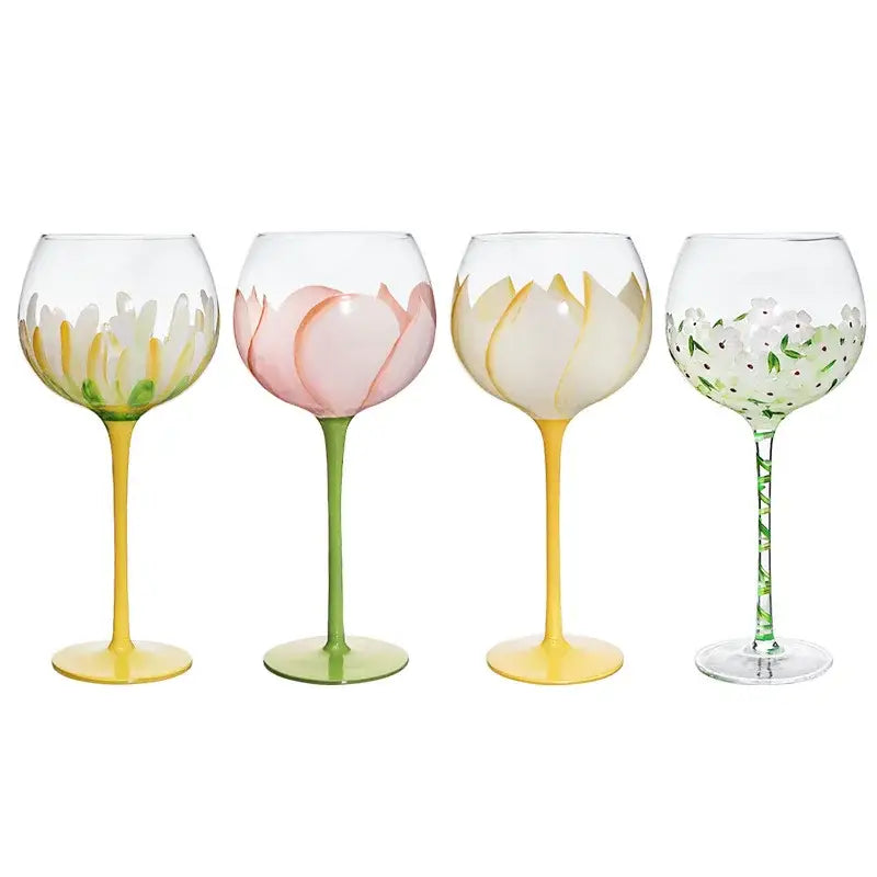 Hand painted glass goblet set pink & yellow floral dining room decor