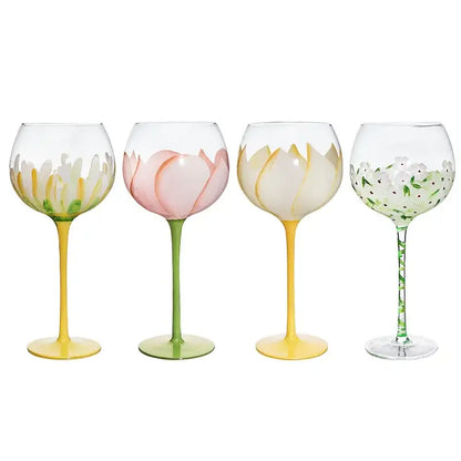 Hand painted glass goblet set pink & yellow floral dining room decor
