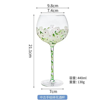Hand painted glass goblet set pink & yellow floral dining room decor