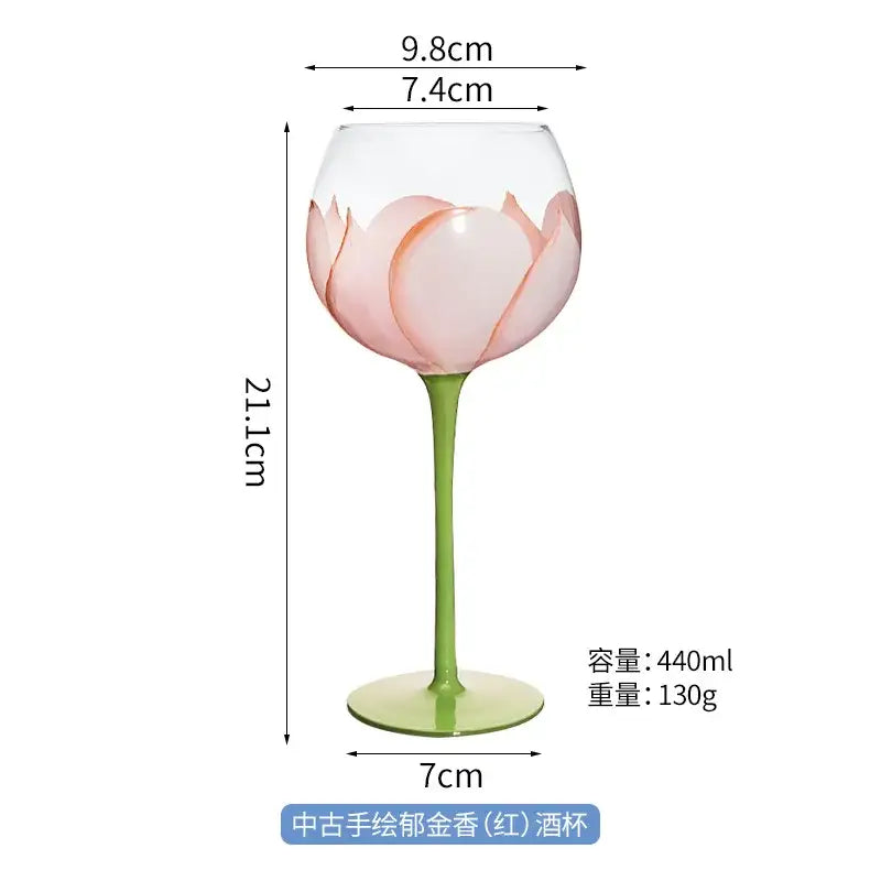 Hand painted glass goblet set pink & yellow floral dining room decor