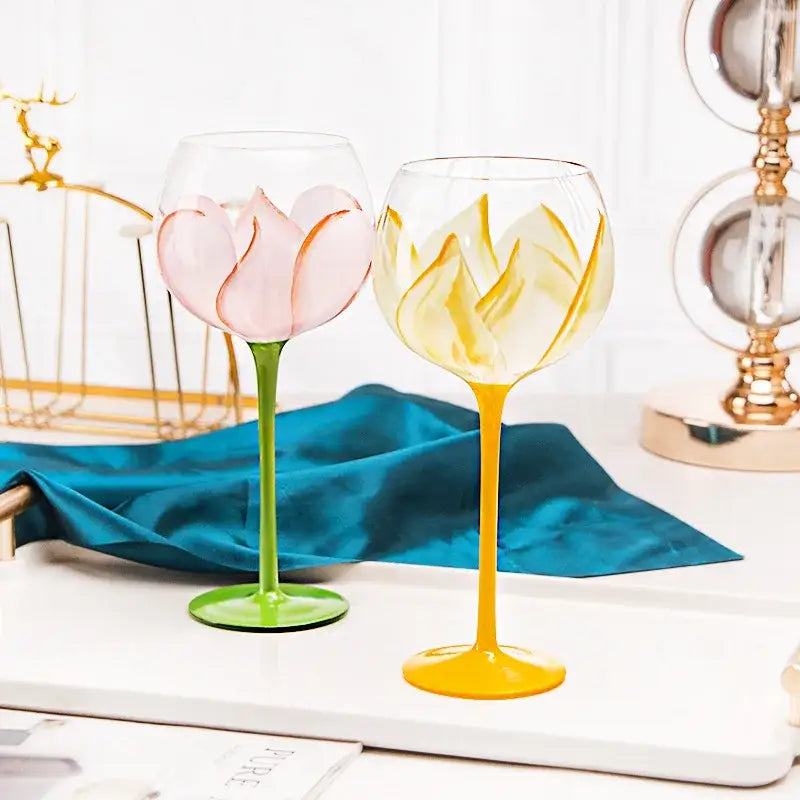 Hand painted glass goblet set pink & yellow floral dining room decor