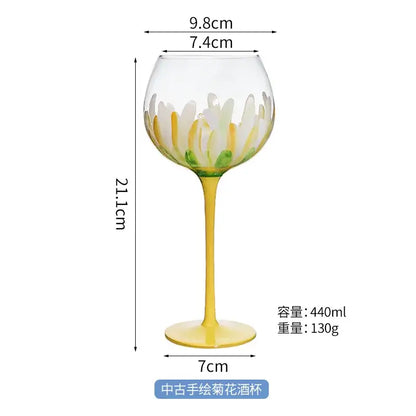 Hand painted glass goblet set pink & yellow floral dining room decor
