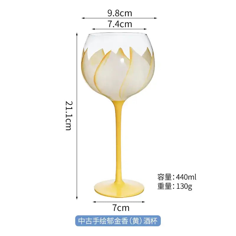 Hand painted glass goblet set pink & yellow floral dining room decor