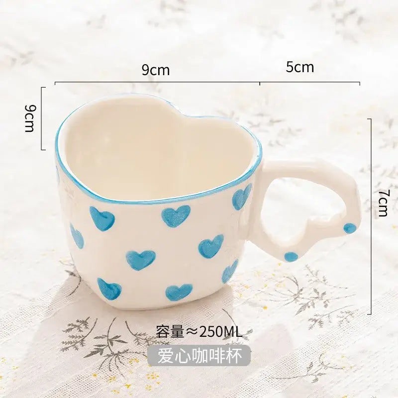 Hand painted heart handle pink polka dot love mug kitchen saucer set