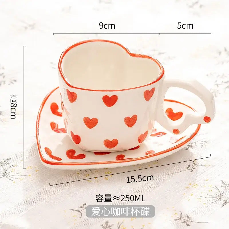 Hand painted heart handle pink polka dot love mug kitchen saucer set