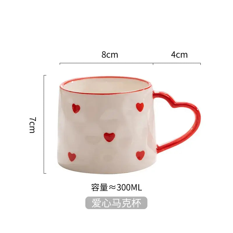 Hand painted heart handle pink polka dot love mug kitchen saucer set