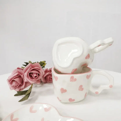 Hand painted heart handle pink polka dot love mug kitchen saucer set