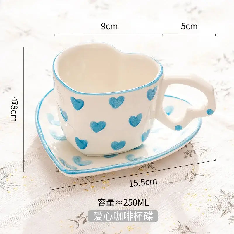 Hand painted heart handle pink polka dot love mug kitchen saucer set