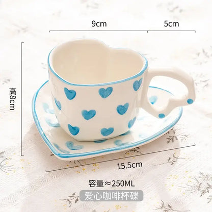 Hand painted heart handle pink polka dot love mug kitchen saucer set