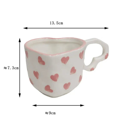 Hand painted heart handle pink polka dot love mug kitchen saucer set
