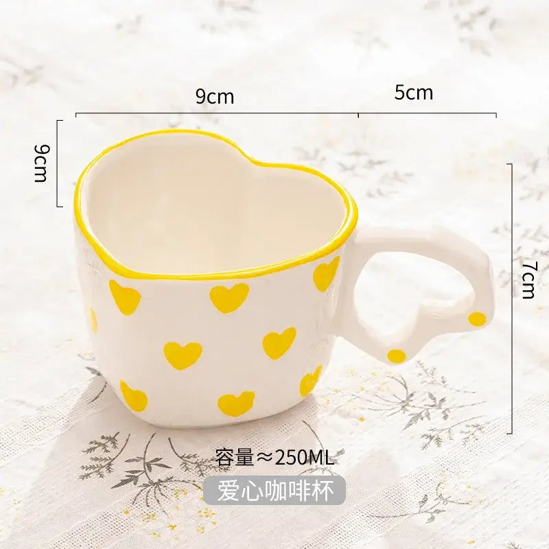 Hand painted heart handle pink polka dot love mug kitchen saucer set