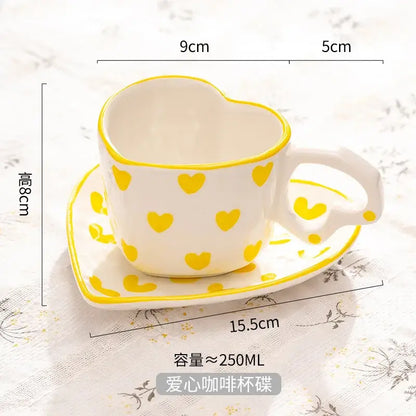 Hand painted heart handle pink polka dot love mug kitchen saucer set