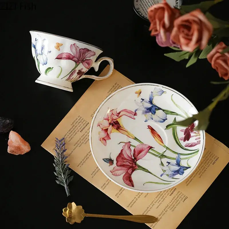 Hand painted iris flower porcelain tea cup – dining room tableware