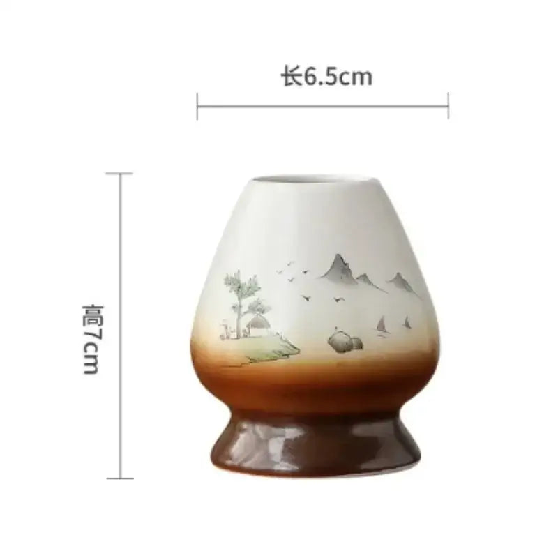 Hand painted white & brown landscape ceramic matcha whisk holder stand