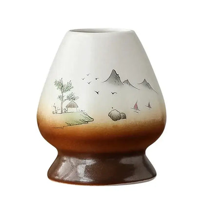 Hand painted white & brown landscape ceramic matcha whisk holder stand