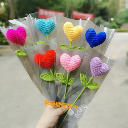 Hand woven love heart yarn crochet flower bouquet bedroom decor