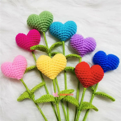 Hand woven love heart yarn crochet flower bouquet bedroom decor