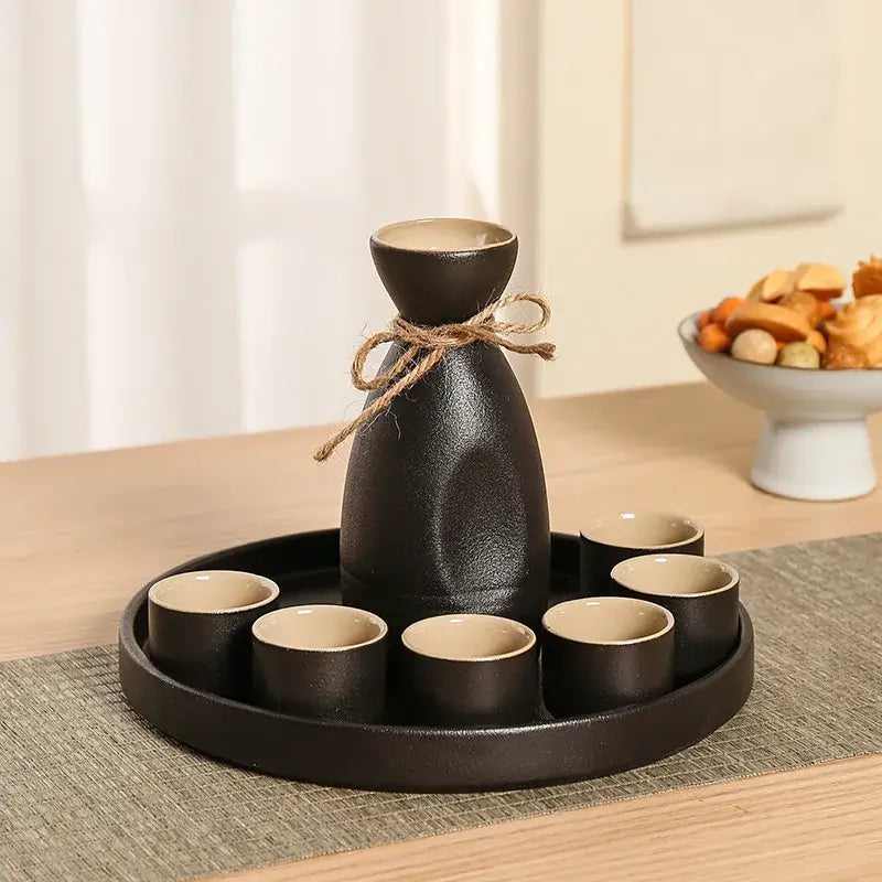 Handcrafted black ceramic wine warmer sake set for dining room