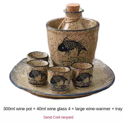 Handcrafted blue fish speckled beige ceramic wine set dining room