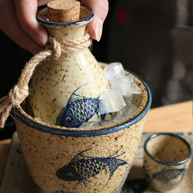 Handcrafted blue fish speckled beige ceramic wine set dining room