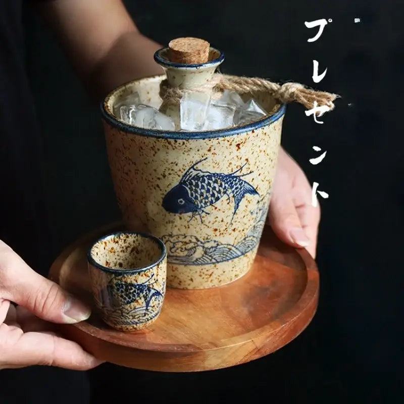 Handcrafted blue fish speckled beige ceramic wine set dining room