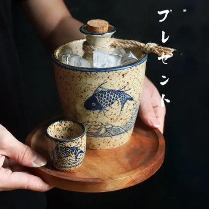 Handcrafted blue fish speckled beige ceramic wine set dining room