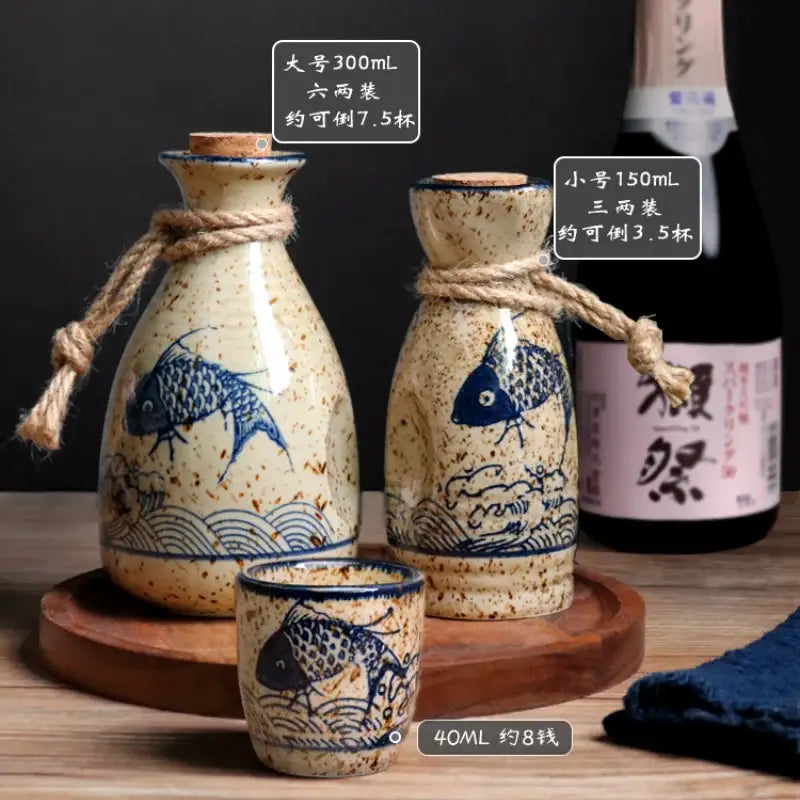 Handcrafted blue fish speckled beige ceramic wine set dining room