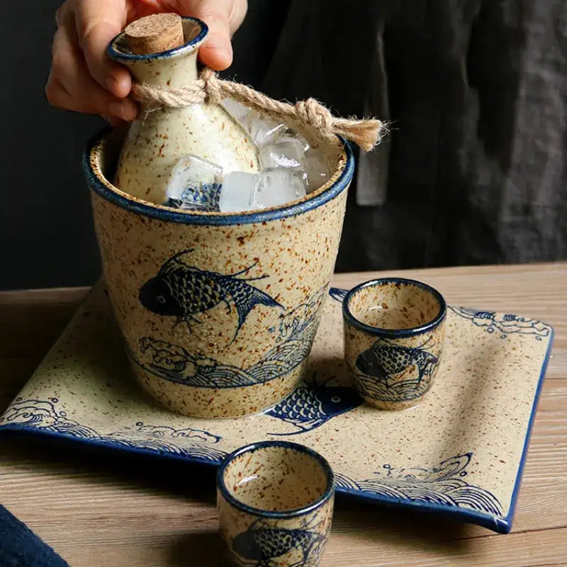 Handcrafted blue fish speckled beige ceramic wine set dining room