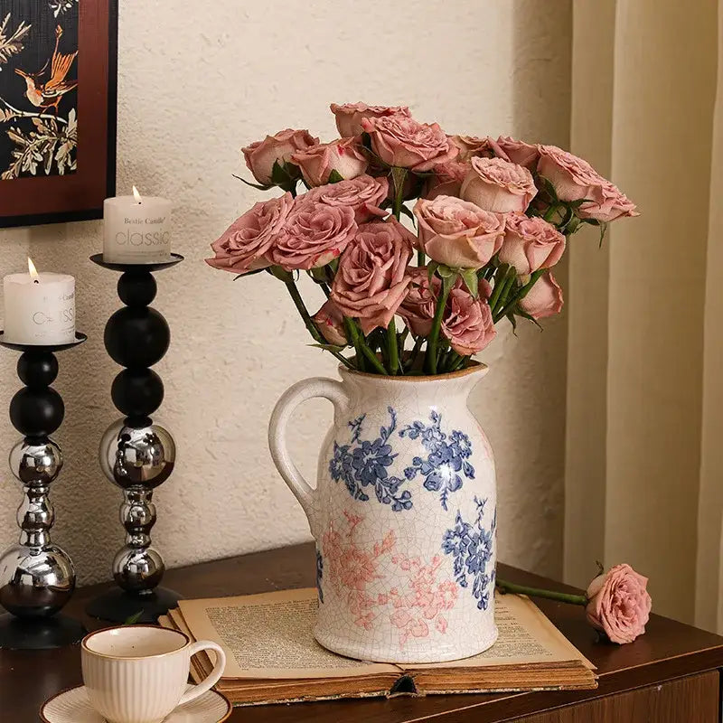 Handcrafted blue & pink white ceramic vase set living room decor