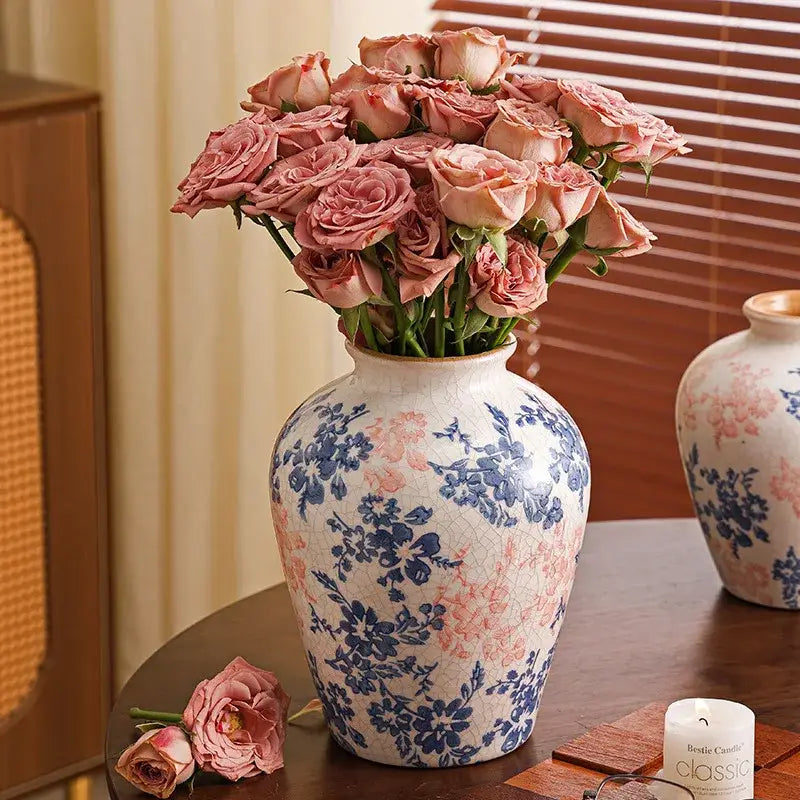 Handcrafted blue & pink white ceramic vase set living room decor