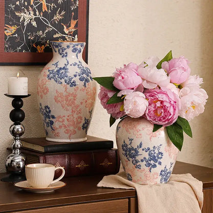 Handcrafted blue & pink white ceramic vase set living room decor