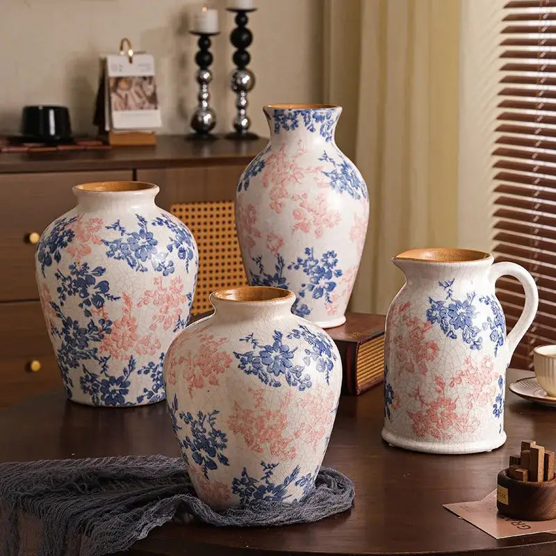 Handcrafted blue & pink white ceramic vase set living room decor