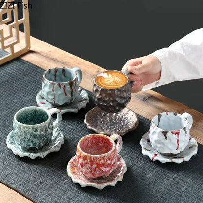 Handcrafted blue & red hammer pattern ceramic mug set dining room