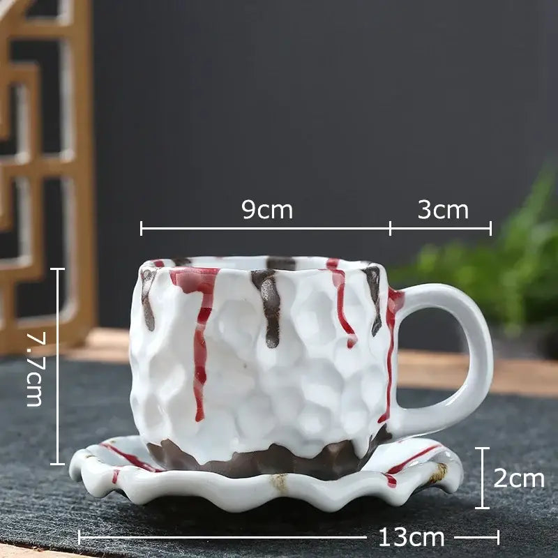 Handcrafted blue & red hammer pattern ceramic mug set dining room