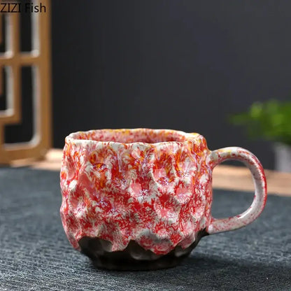 Handcrafted blue & red hammer pattern ceramic mug set dining room