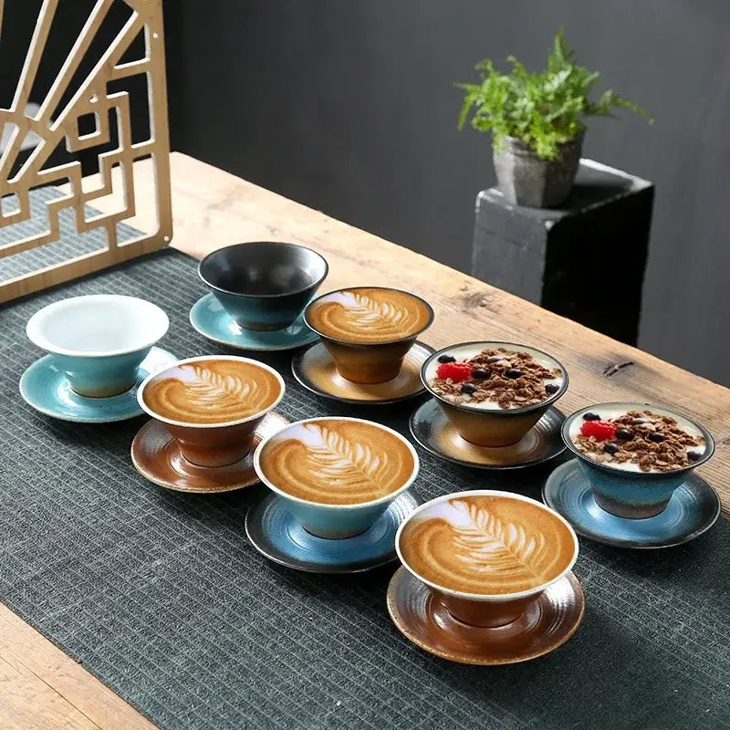 Handcrafted brown & amber ceramic latte coffee cup and saucer dining room