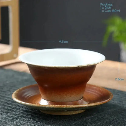 Handcrafted brown & amber ceramic latte coffee cup and saucer dining room