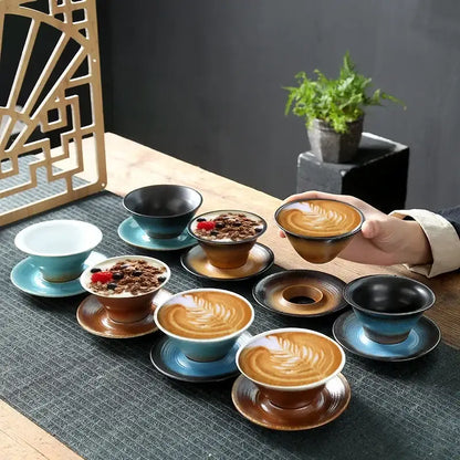 Handcrafted brown & amber ceramic latte coffee cup and saucer dining room