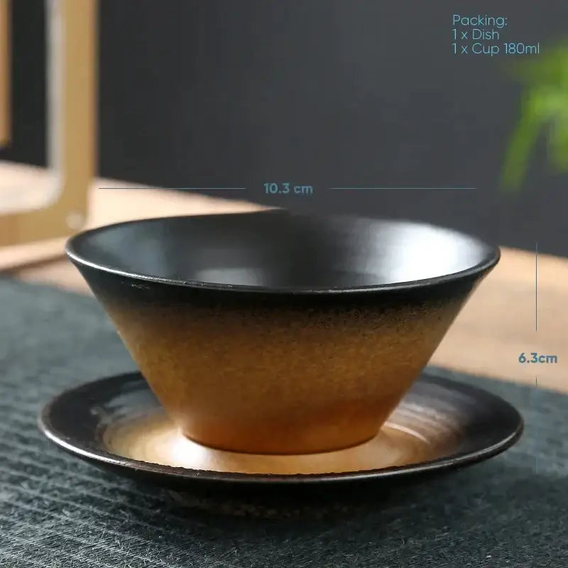Handcrafted brown & amber ceramic latte coffee cup and saucer dining room